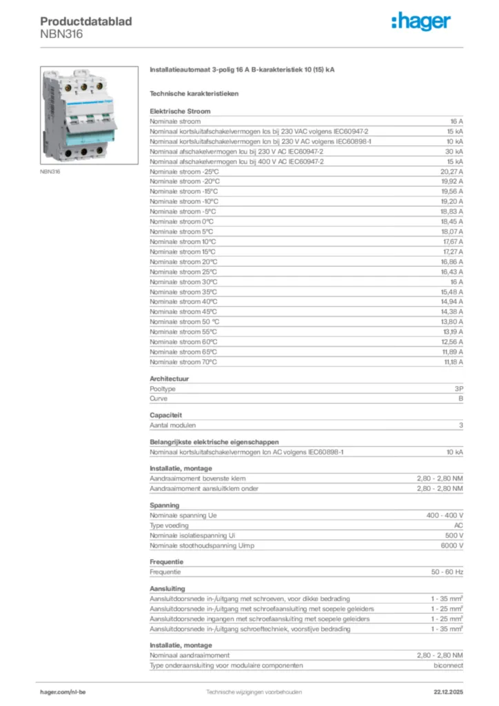 Afbeelding Hager Productdatablad NBN316 | Hager Belgium