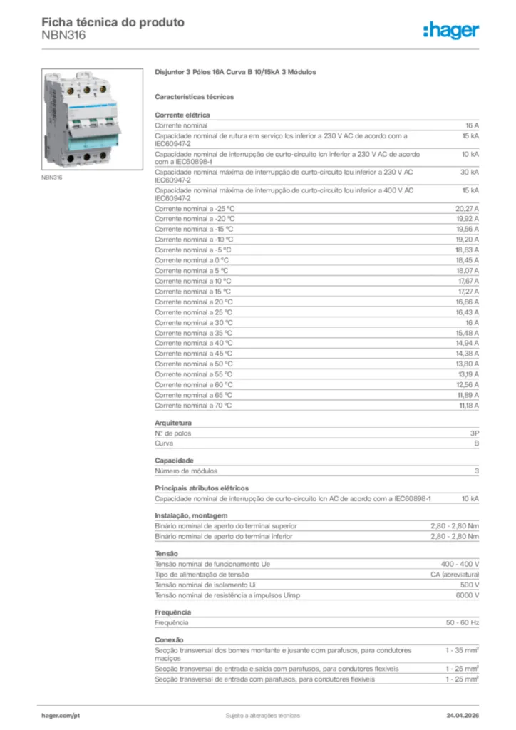 Imagem Hager Ficha técnica do produto NBN316 | Hager Portugal