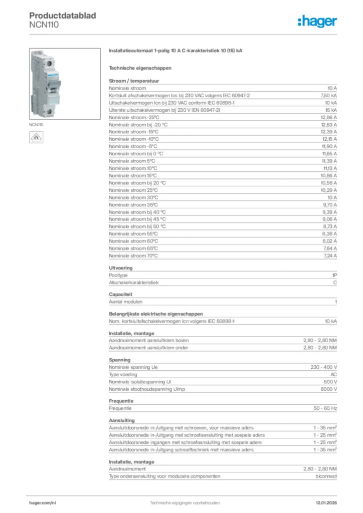 Afbeelding Hager Productdatablad NCN110 | Hager Nederland