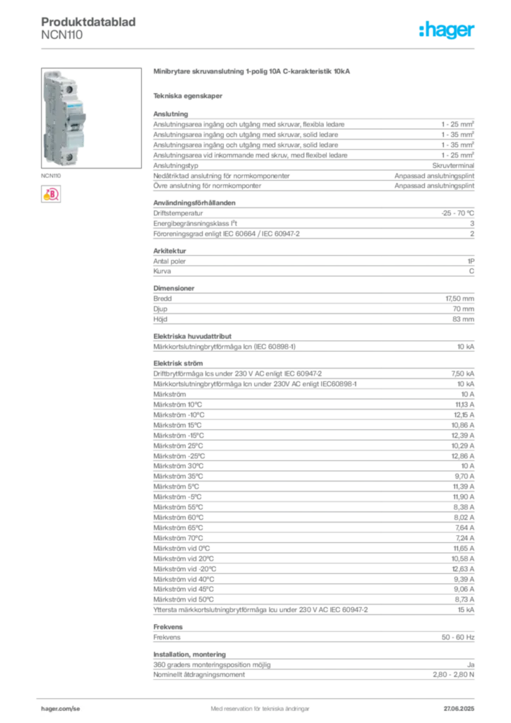 Bild Hager Produktdatablad NCN110 | Hager Sverige