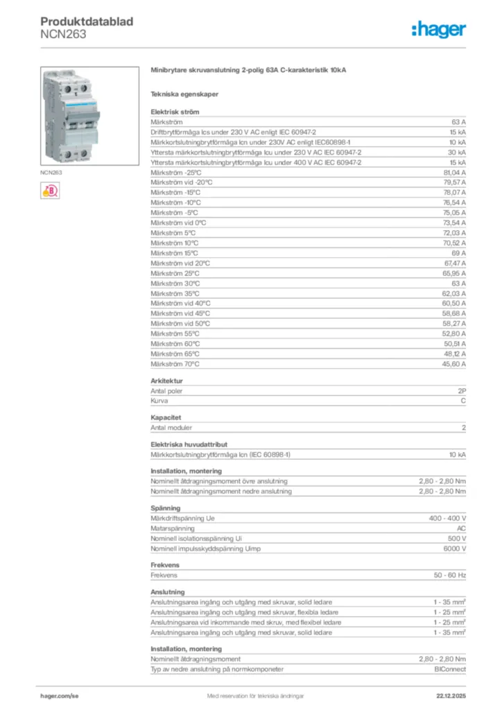 Bild Hager Produktdatablad NCN263 | Hager Sverige