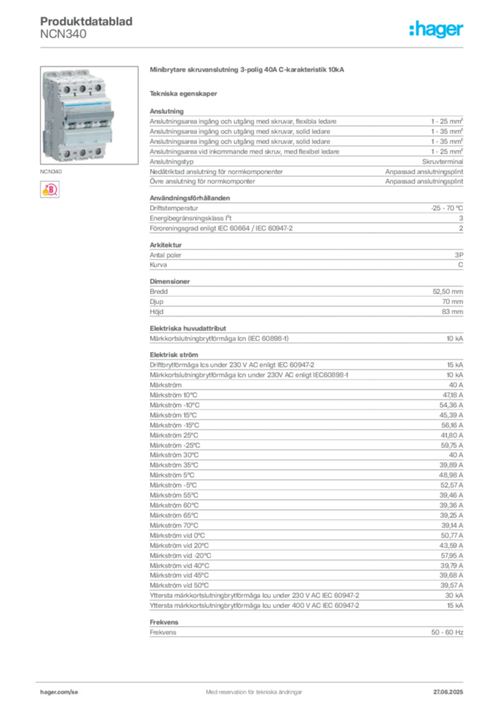 Bild Hager Produktdatablad NCN340 | Hager Sverige
