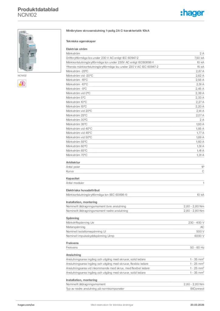 Bild Hager Produktdatablad NCN102 | Hager Sverige