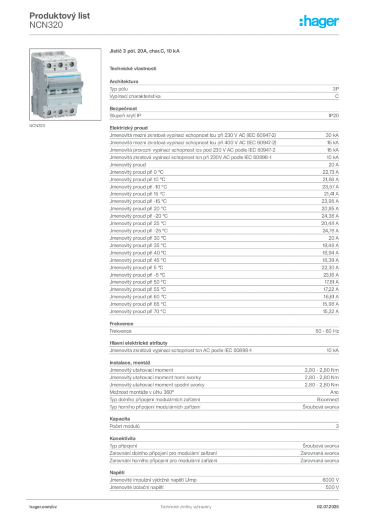 Obrázek Hager Product data sheet NCN320 | Hager