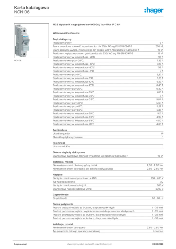Zdjęcie Hager Karta katalogowa NCN106 | Hager Polska