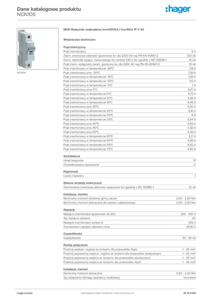 Zdjęcie Hager Dane katalogowe produktu NCN106 | Hager Polska