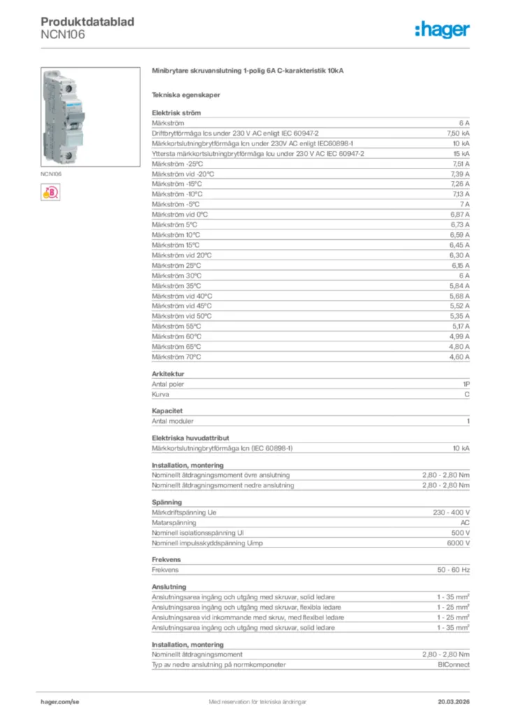 Bild Hager Produktdatablad NCN106 | Hager Sverige