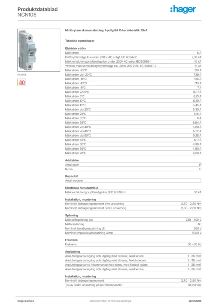 Bild Hager Produktdatablad NCN106 | Hager Sverige