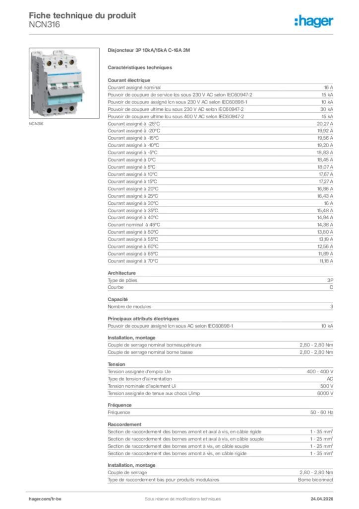 Image Hager Fiche technique du produit NCN316 | Hager Belgique
