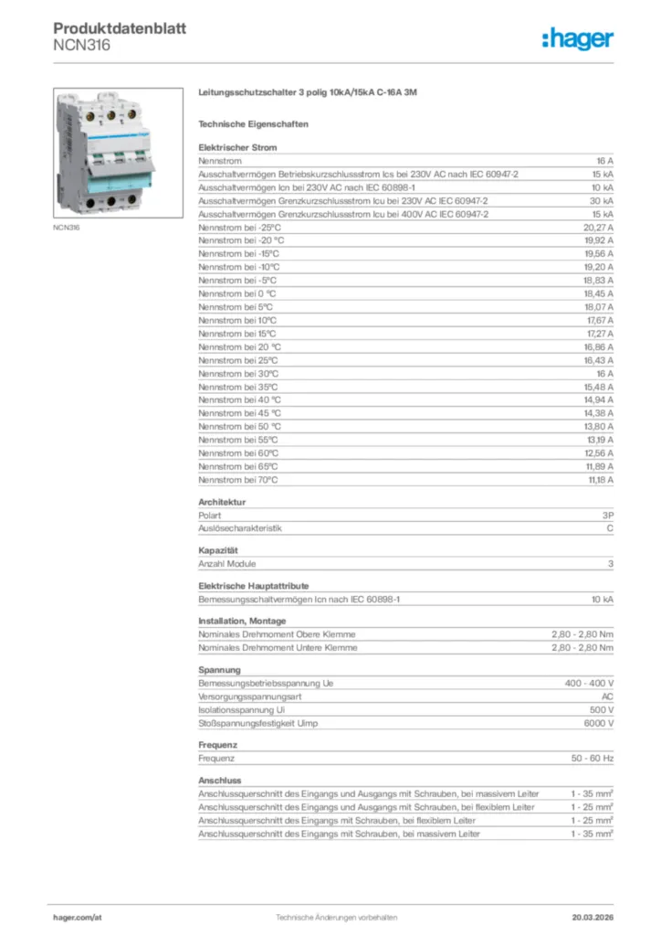 Bild Hager Produktdatenblatt NCN316 | Hager Deutschland