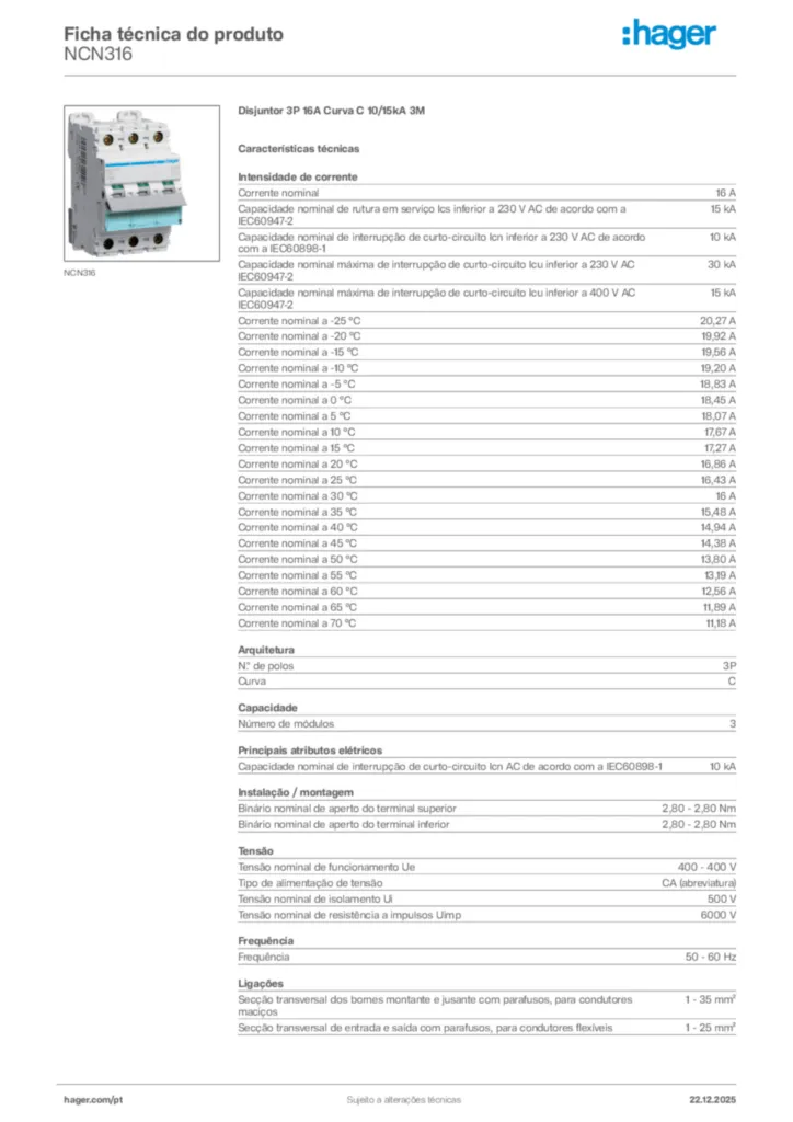 Imagem Hager Ficha técnica do produto NCN316 | Hager Portugal