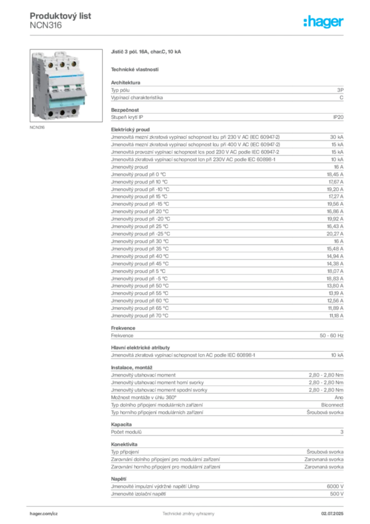 Obrázek Hager Product data sheet NCN316 | Hager