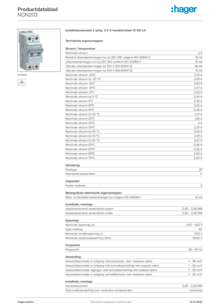Afbeelding Hager Productdatablad NCN203 | Hager Nederland