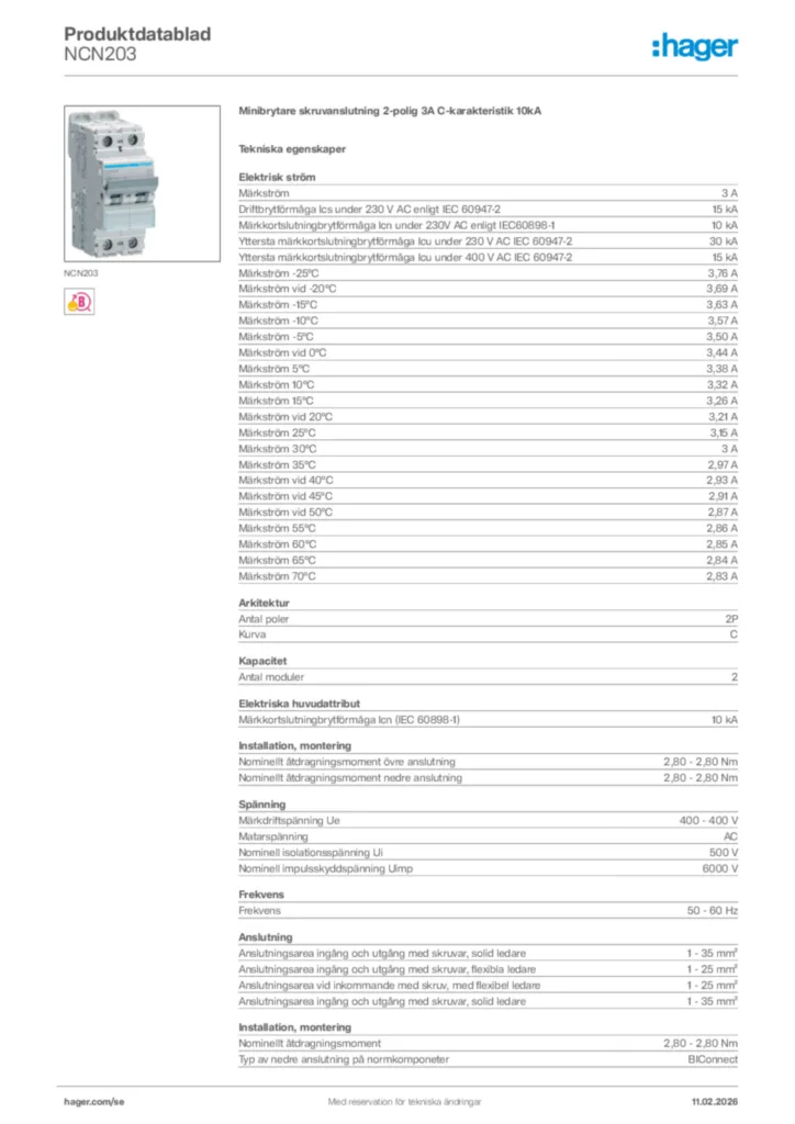 Bild Hager Produktdatablad NCN203 | Hager Sverige