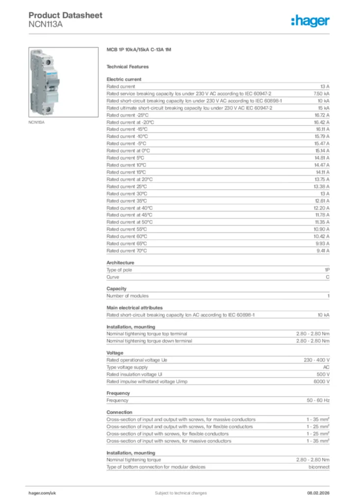 Image Hager Product data sheet NCN113A  | Hager