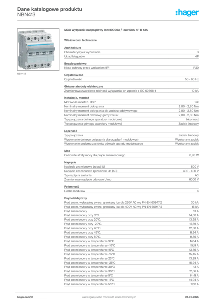 Zdjęcie Hager Dane katalogowe produktu NBN413 | Hager Polska