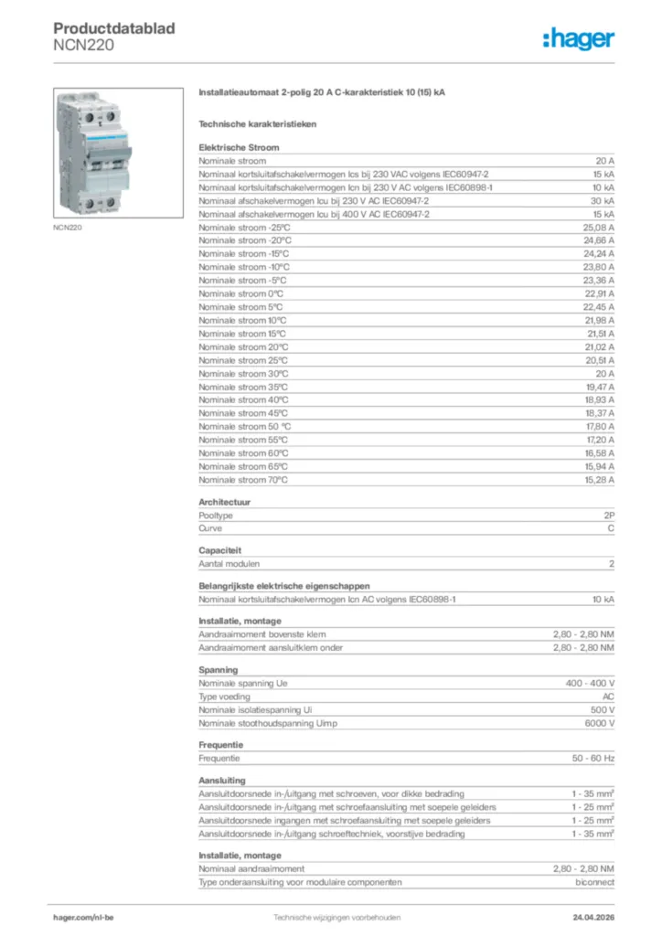 Afbeelding Hager Productdatablad NCN220 | Hager Belgium