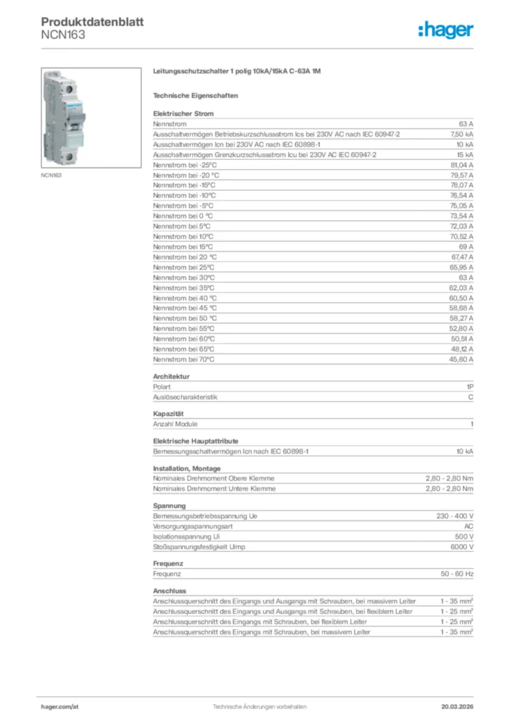 Bild Hager Produktdatenblatt NCN163 | Hager Deutschland