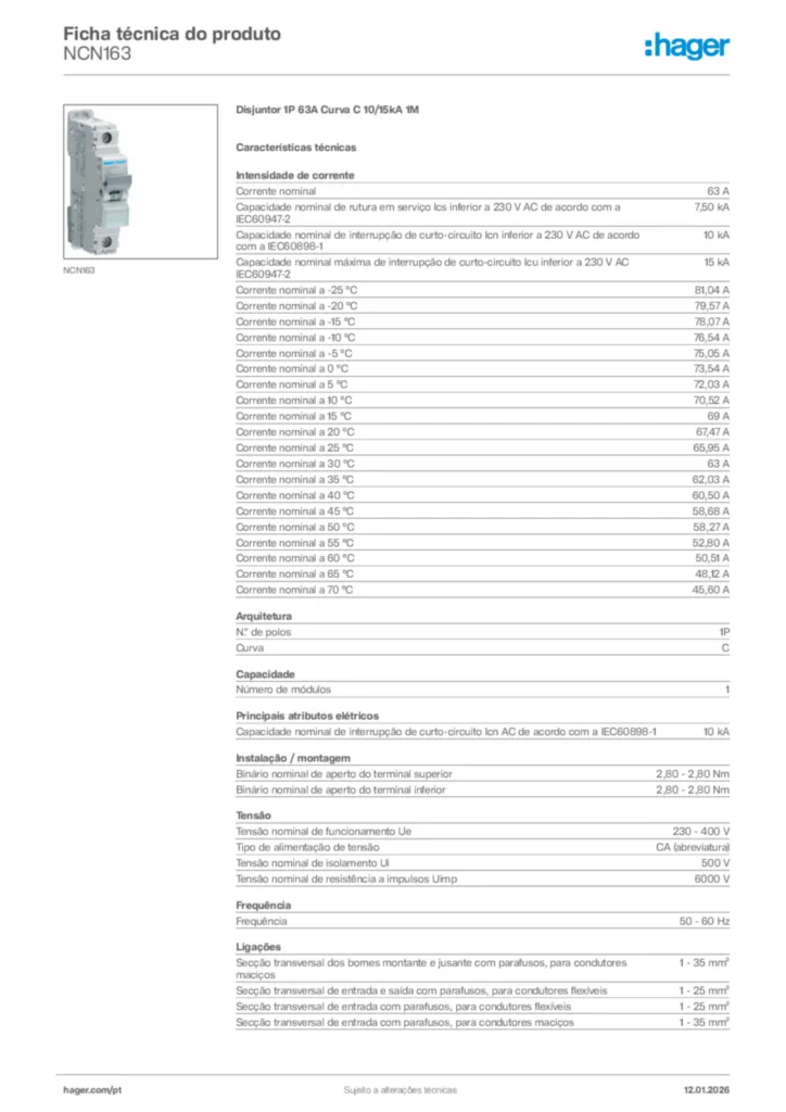 Imagem Hager Ficha técnica do produto NCN163 | Hager Portugal