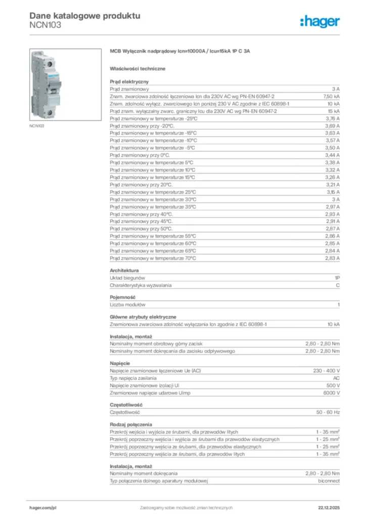 Zdjęcie Hager Dane katalogowe produktu NCN103 | Hager Polska