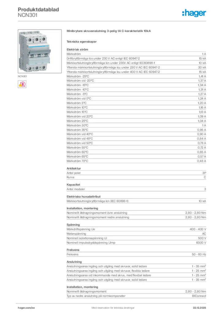 Bild Hager Product data sheet NCN301 | Hager Sverige