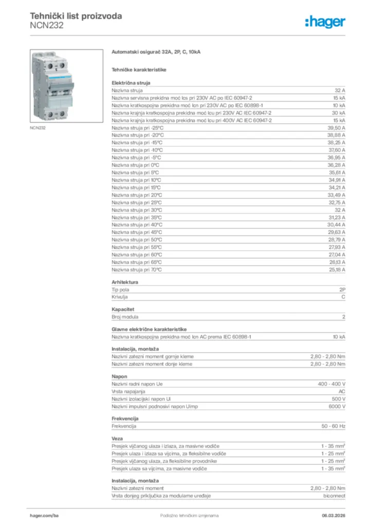 Slika Hager Tehnički list proizvoda NCN232  | Hager