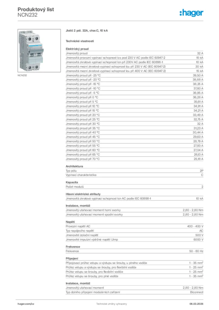 Obrázek Hager Product data sheet NCN232 | Hager