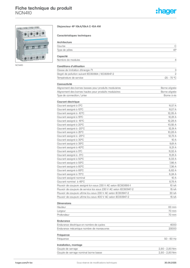Image Hager Fiche technique du produit NCN410 | Hager Belgique