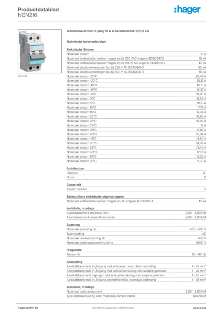 Afbeelding Hager Productdatablad NCN216 | Hager Belgium