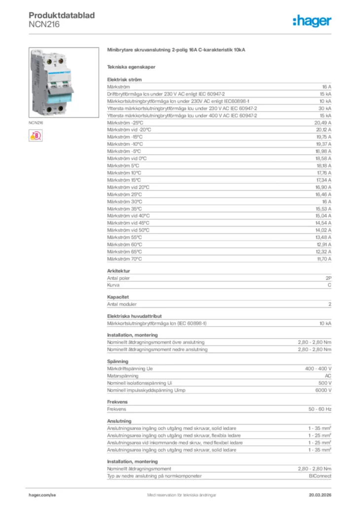 Bild Hager Produktdatablad NCN216 | Hager Sverige