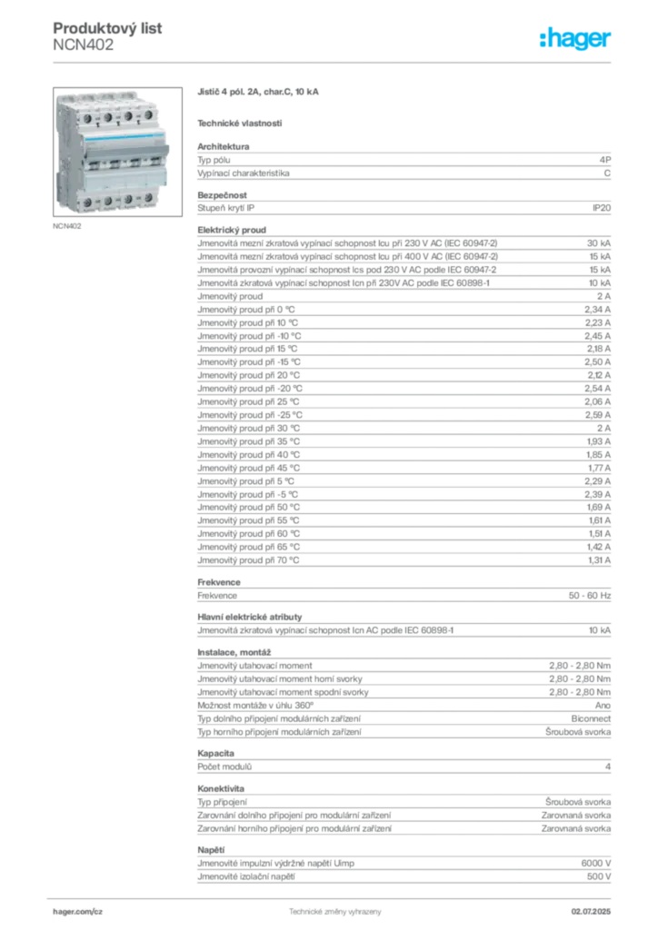 Obrázek Hager Product data sheet NCN402 | Hager