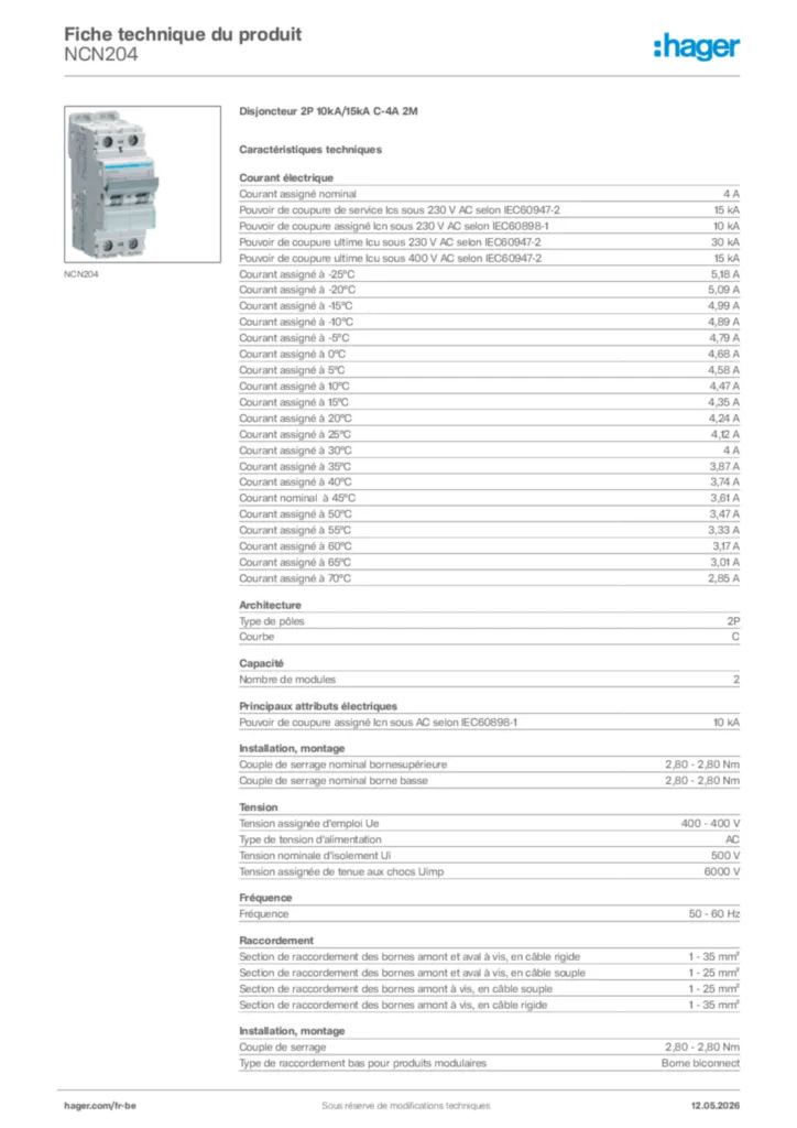 Image Hager Fiche technique du produit NCN204 | Hager Belgique