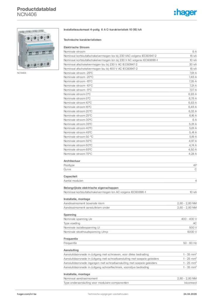 Afbeelding Hager Productdatablad NCN406 | Hager Belgium