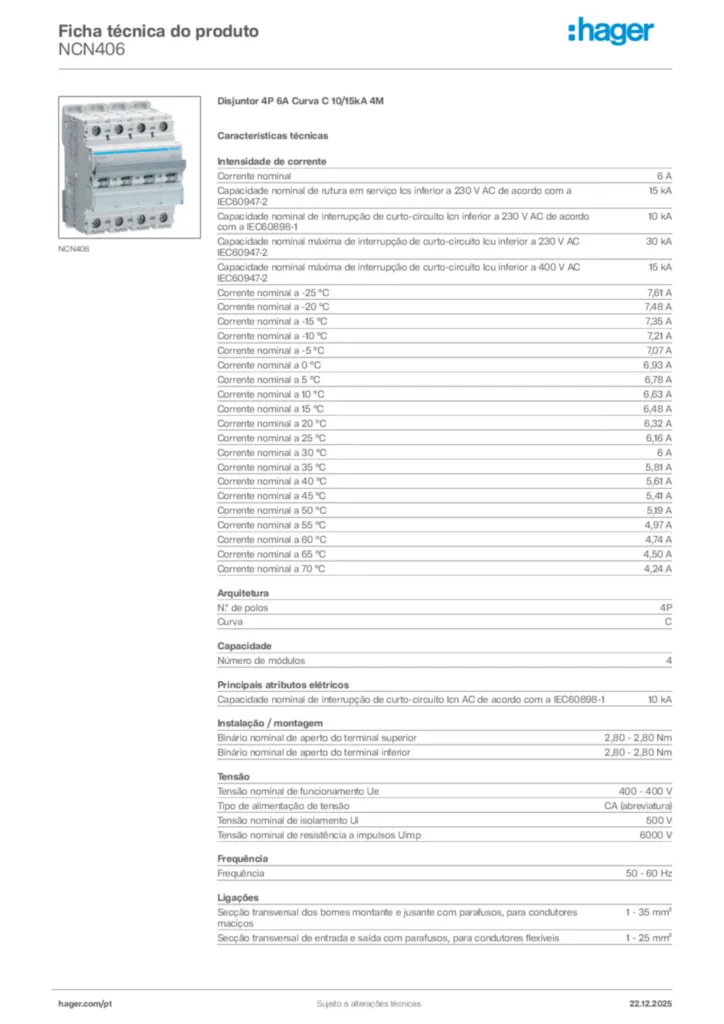 Imagem Hager Ficha técnica do produto NCN406 | Hager Portugal