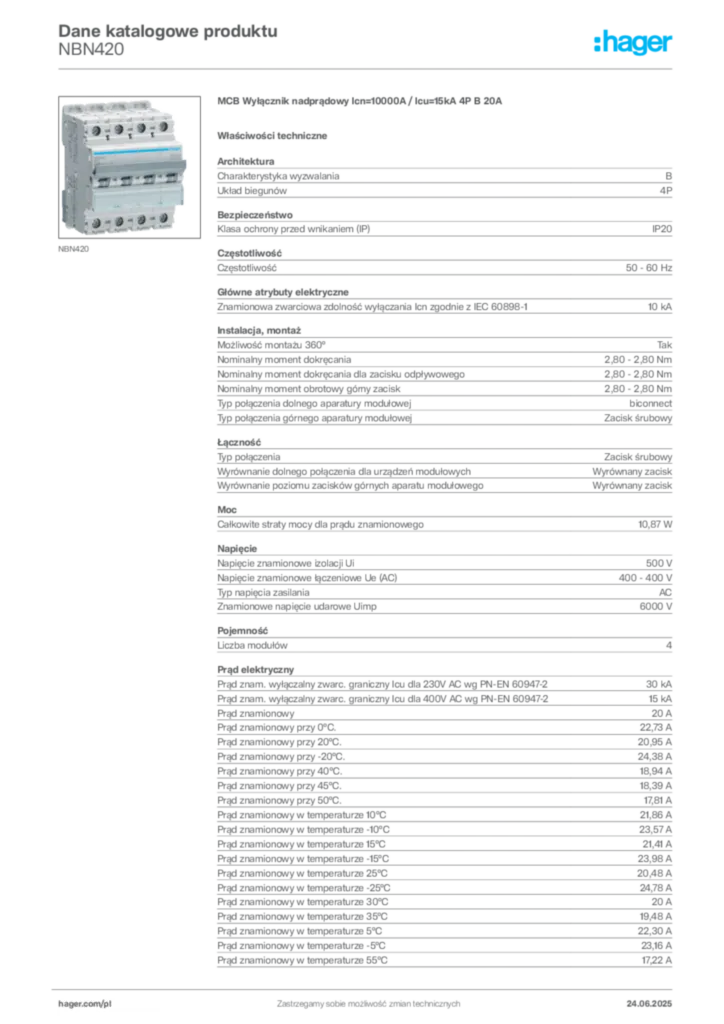 Zdjęcie Hager Dane katalogowe produktu NBN420 | Hager Polska