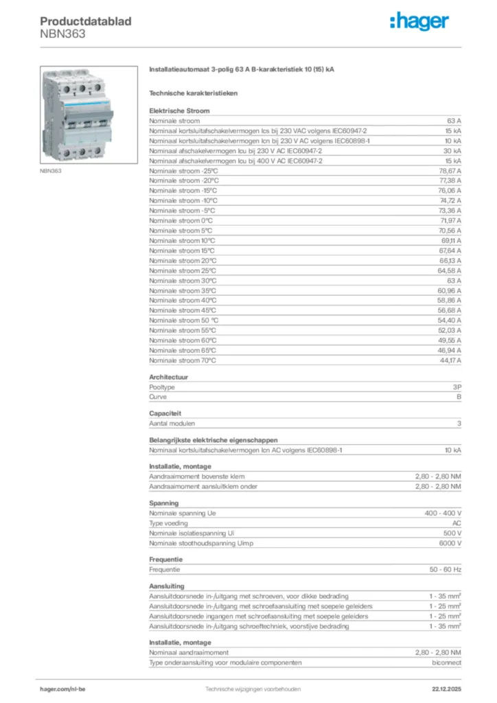 Afbeelding Hager Productdatablad NBN363 | Hager Belgium