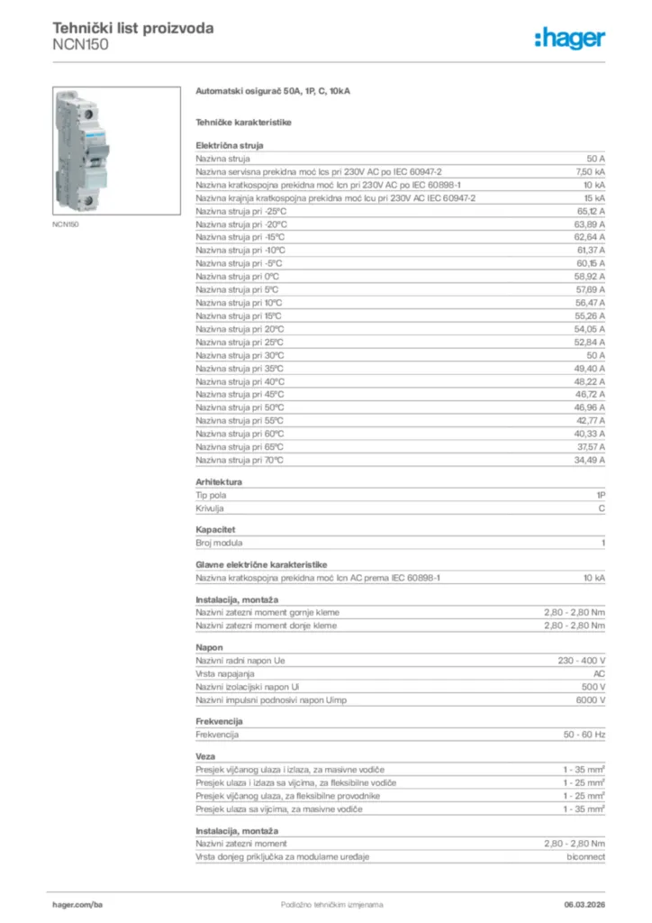 Slika Hager Tehnički list proizvoda NCN150  | Hager