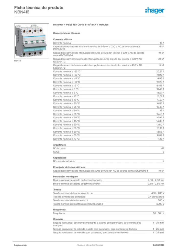 Imagem Hager Ficha técnica do produto NBN416 | Hager Portugal