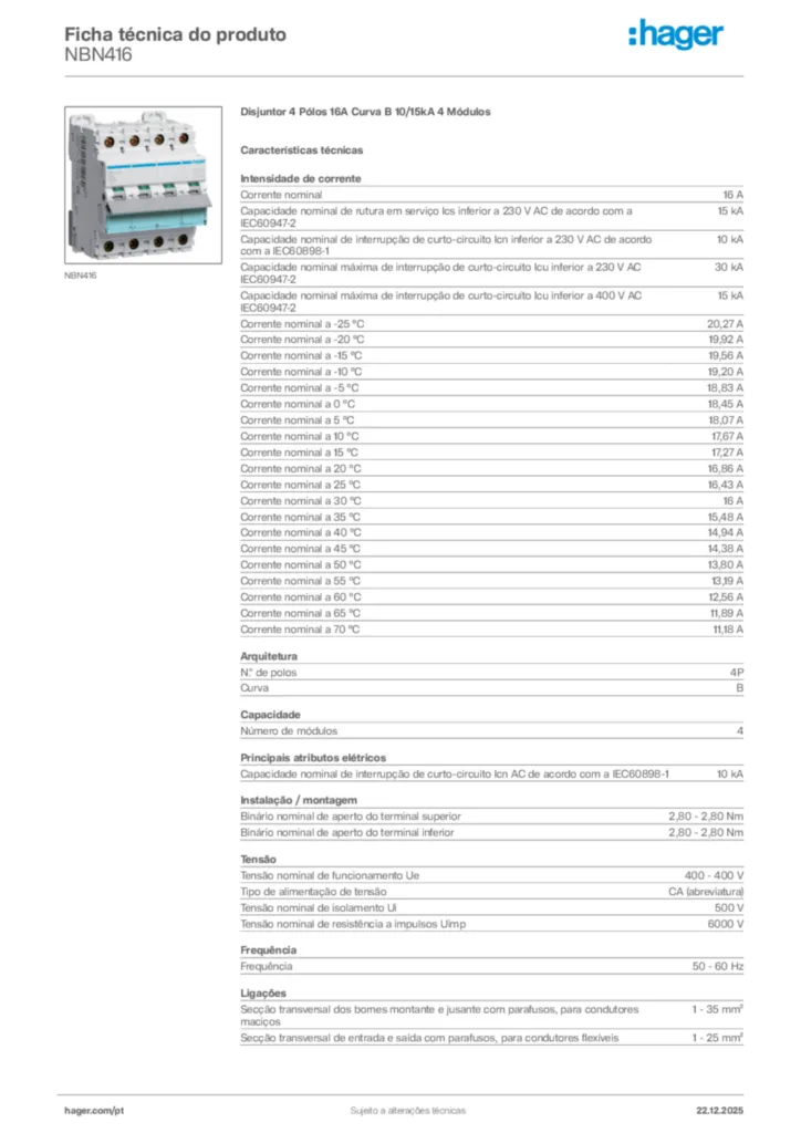 Imagem Hager Ficha técnica do produto NBN416 | Hager Portugal