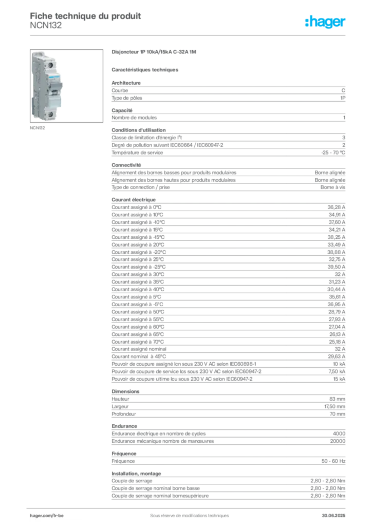 Image Hager Fiche technique du produit NCN132 | Hager Belgique