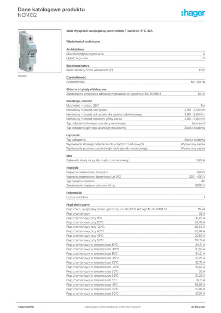 Zdjęcie Hager Dane katalogowe produktu NCN132 | Hager Polska