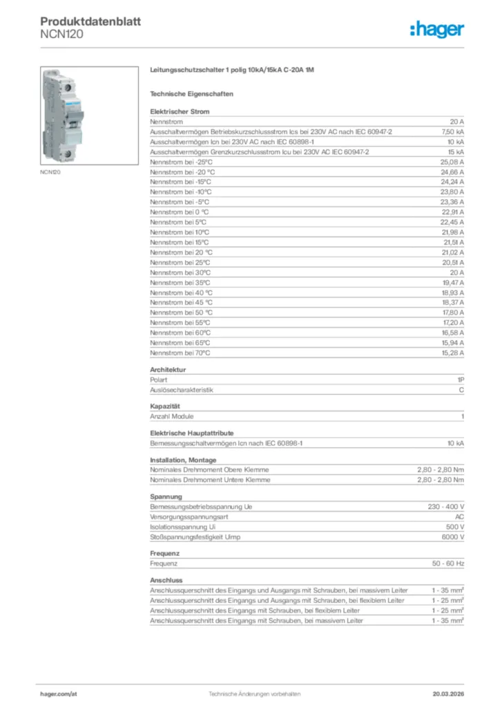 Bild Hager Produktdatenblatt NCN120 | Hager Deutschland