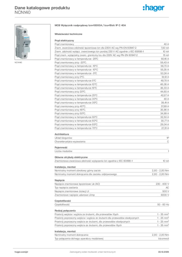 Zdjęcie Hager Dane katalogowe produktu NCN140 | Hager Polska