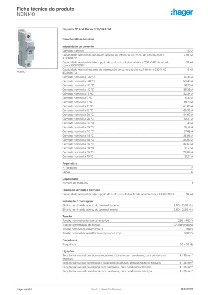 Imagem Hager Ficha técnica do produto NCN140 | Hager Portugal