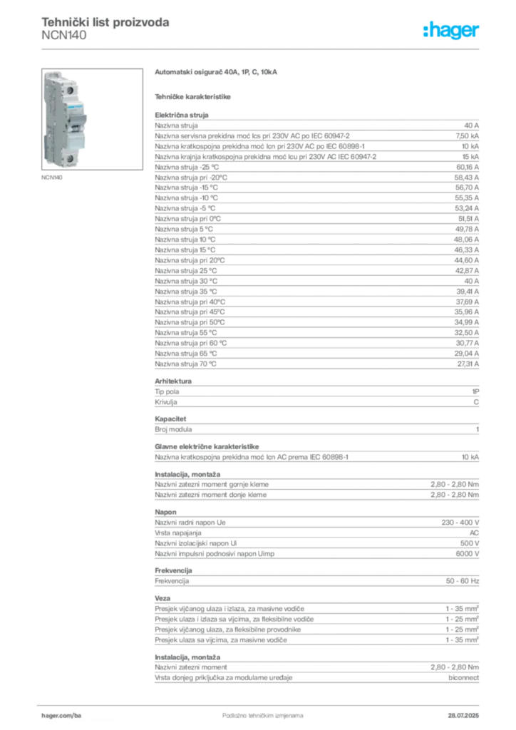 Slika Hager Product data sheet NCN140  | Hager
