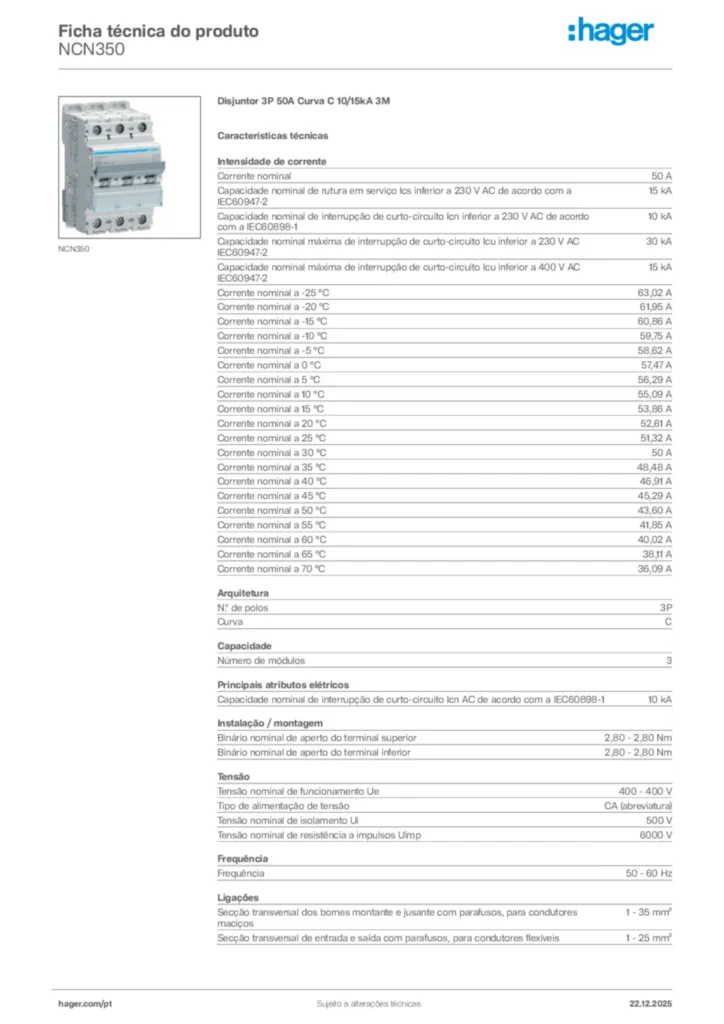 Imagem Hager Ficha técnica do produto NCN350 | Hager Portugal