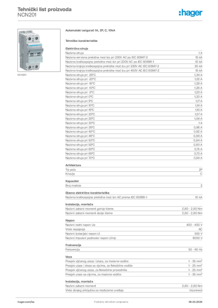 Slika Hager Tehnički list proizvoda NCN201  | Hager