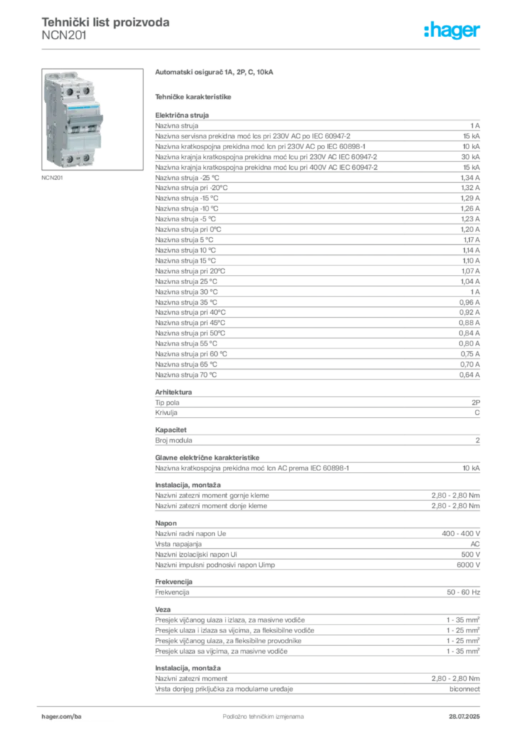 Slika Hager Product data sheet NCN201  | Hager