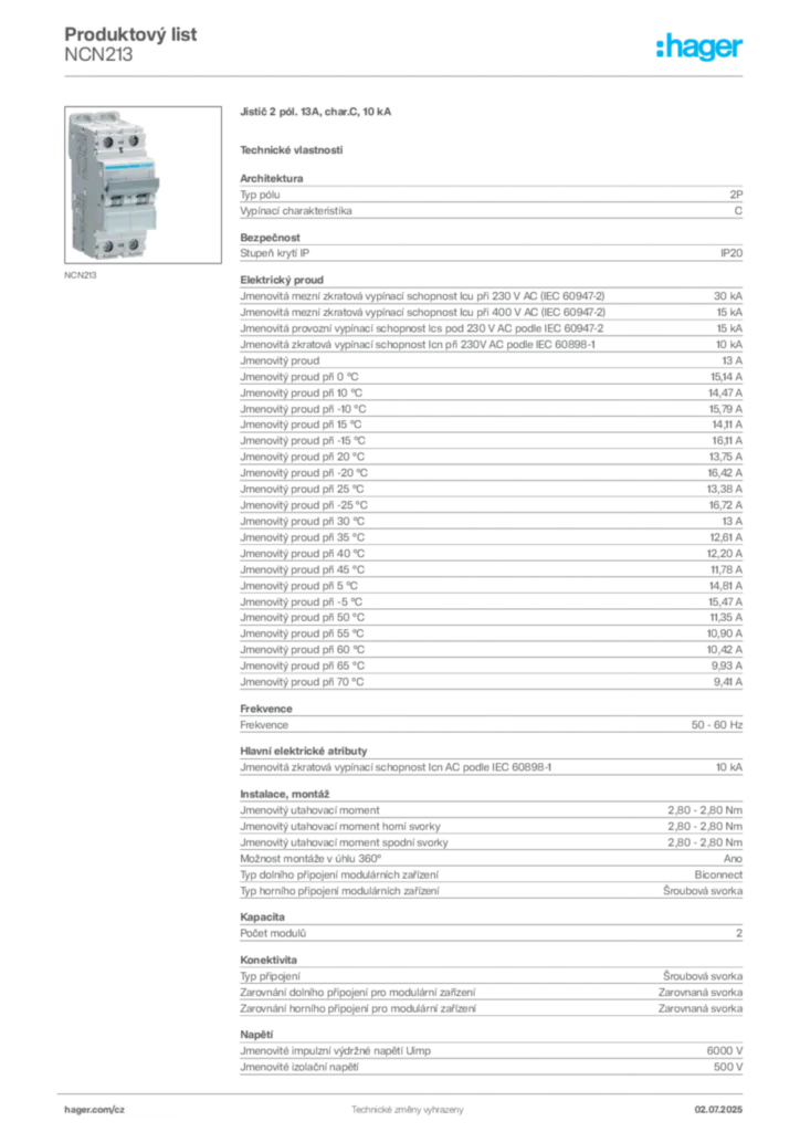 Obrázek Hager Product data sheet NCN213 | Hager