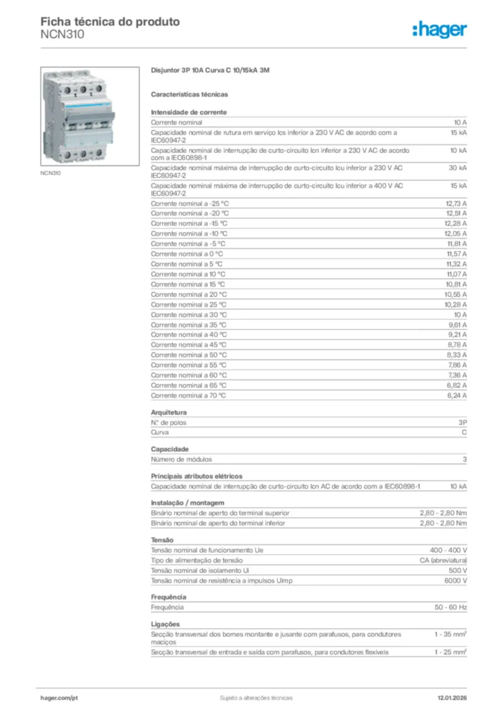 Imagem Hager Ficha técnica do produto NCN310 | Hager Portugal
